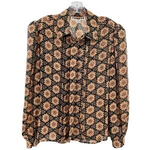 Vintage Jordan Gold Black Mandala Print Long Sleeve Silky Top Blouse Women Sz 10